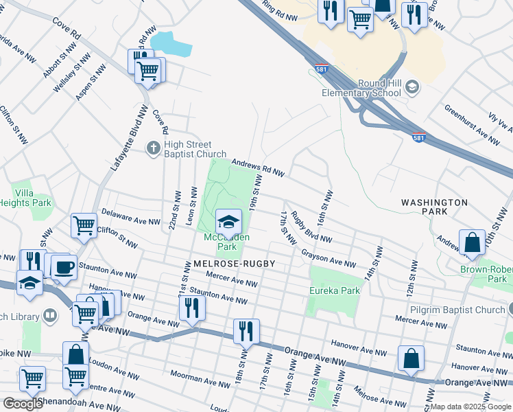 map of restaurants, bars, coffee shops, grocery stores, and more near 1837 Grayson Avenue Northwest in Roanoke