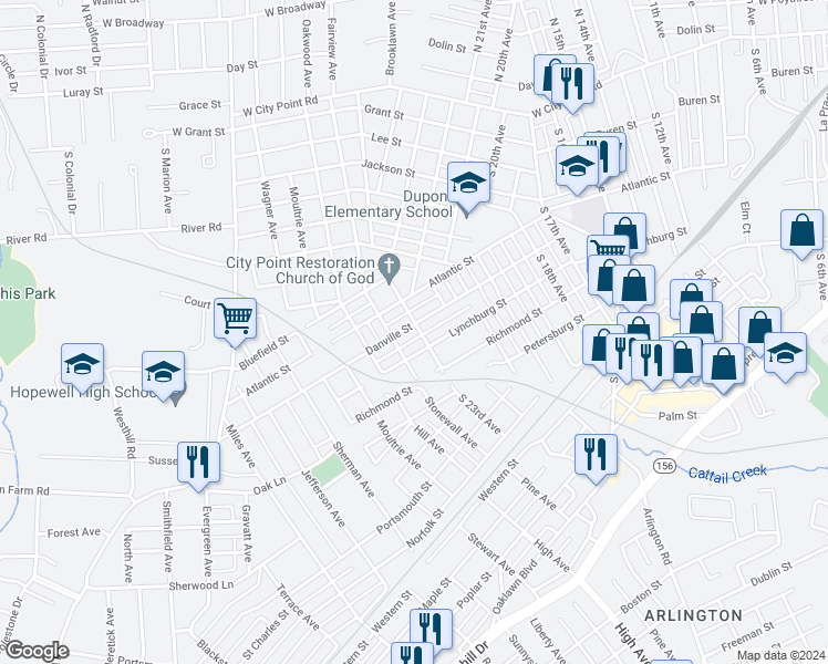 map of restaurants, bars, coffee shops, grocery stores, and more near 2300 Danville Street in Hopewell