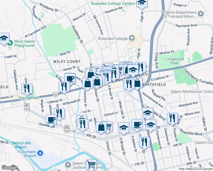 map of restaurants, bars, coffee shops, grocery stores, and more near 2 West Calhoun Street in Salem
