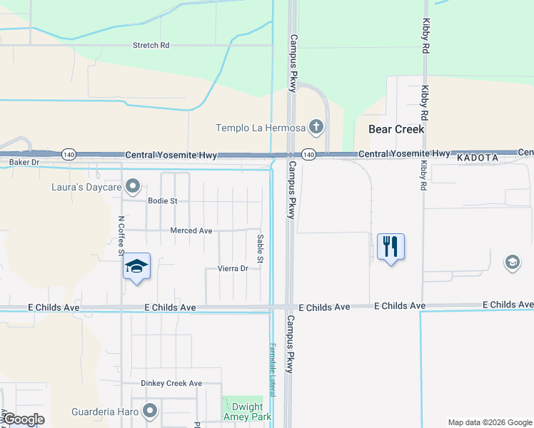 map of restaurants, bars, coffee shops, grocery stores, and more near Campus Pkwy in Merced