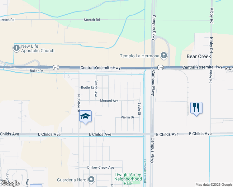 map of restaurants, bars, coffee shops, grocery stores, and more near 306 Ostrander Avenue in Merced