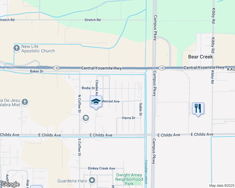map of restaurants, bars, coffee shops, grocery stores, and more near 264 Dylan Street in Merced