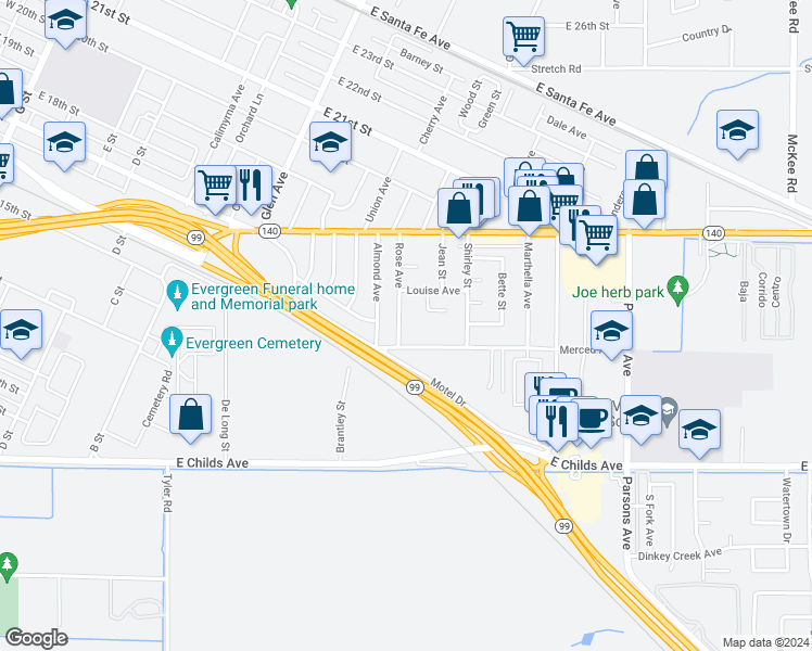 map of restaurants, bars, coffee shops, grocery stores, and more near 1620 Rose Avenue in Merced