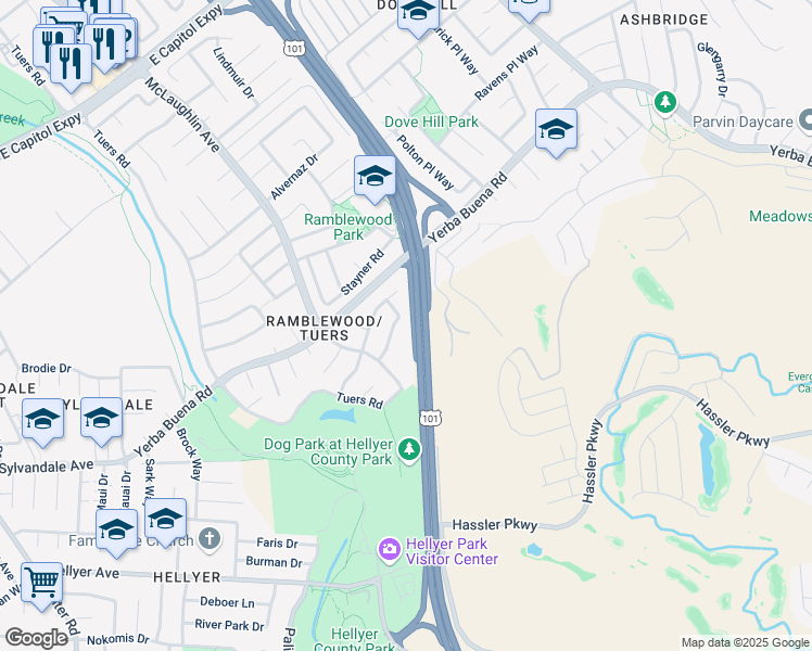 map of restaurants, bars, coffee shops, grocery stores, and more near 1272 Wentworth Way in San Jose