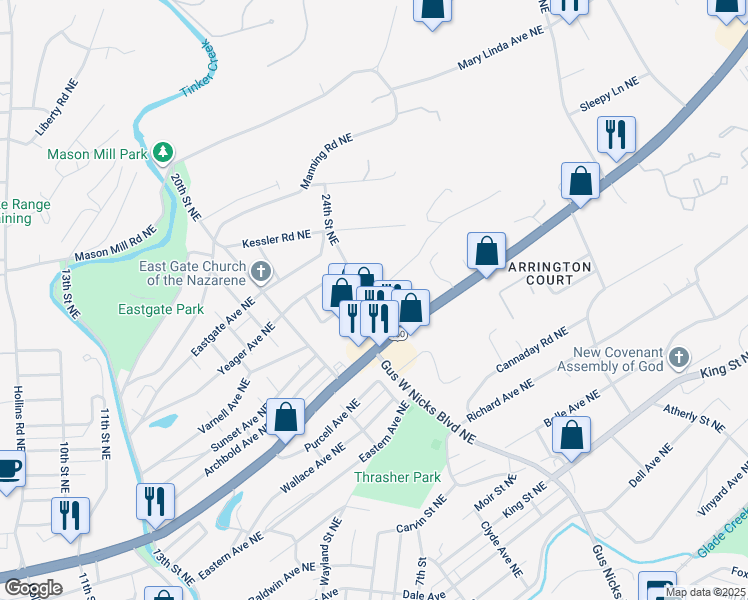map of restaurants, bars, coffee shops, grocery stores, and more near 2401 Daleton Road Northeast in Roanoke