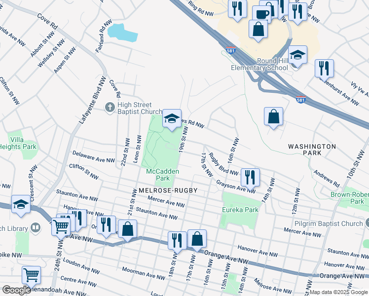 map of restaurants, bars, coffee shops, grocery stores, and more near 1837 Grayson Avenue Northwest in Roanoke