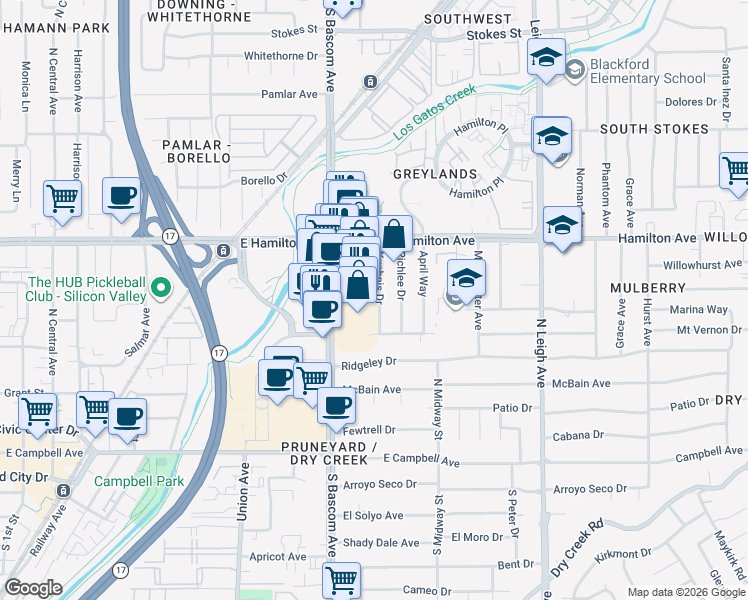 map of restaurants, bars, coffee shops, grocery stores, and more near 1656 South Bascom Avenue in Campbell