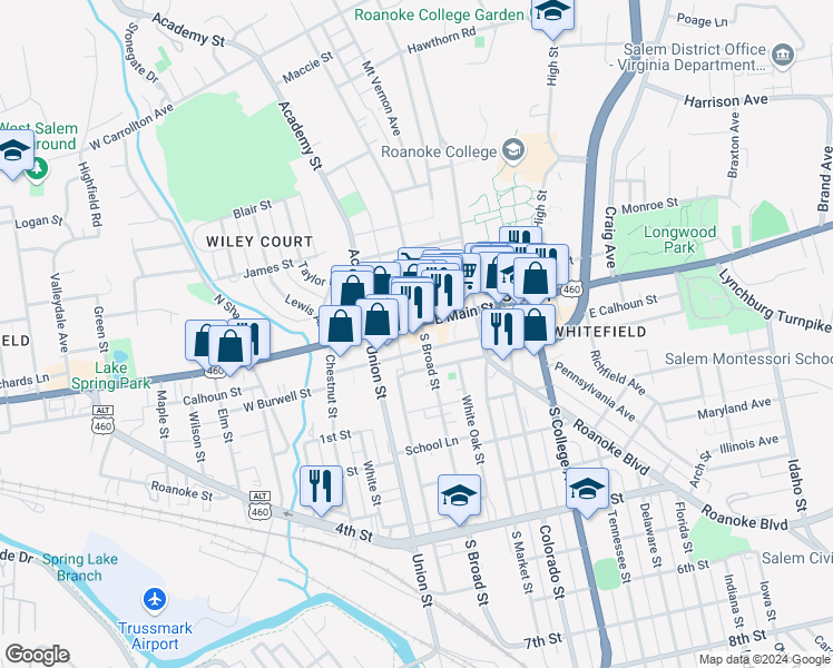 map of restaurants, bars, coffee shops, grocery stores, and more near 2 West Main Street in Salem