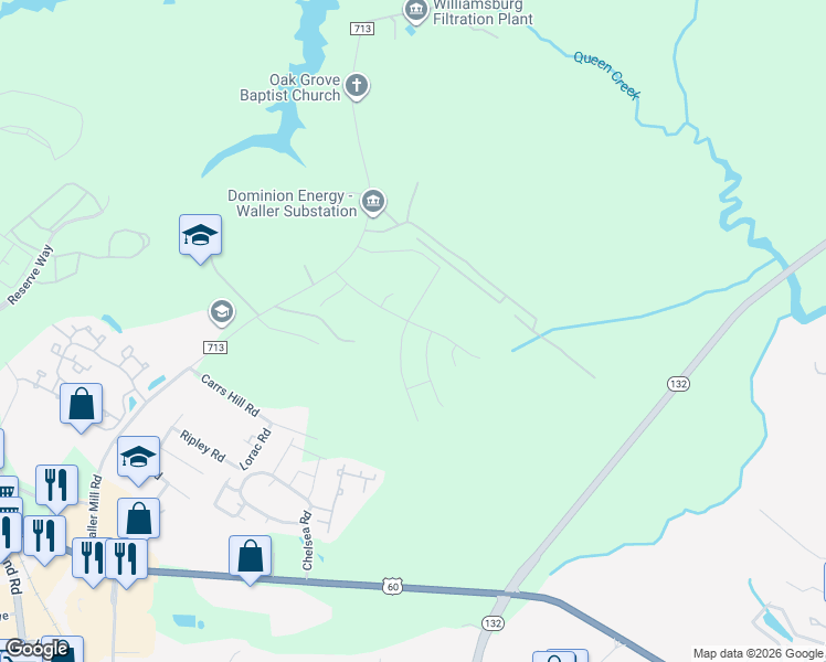 map of restaurants, bars, coffee shops, grocery stores, and more near 429 Waller Mill Road in Williamsburg