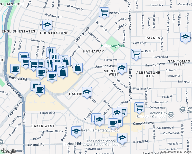 map of restaurants, bars, coffee shops, grocery stores, and more near 1689 Fallbrook Avenue in San Jose