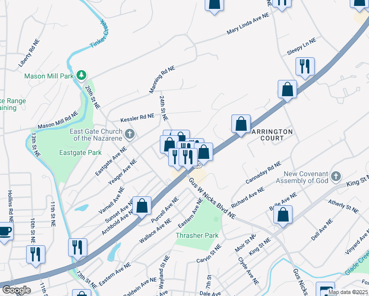 map of restaurants, bars, coffee shops, grocery stores, and more near 2401 Daleton Road Northeast in Roanoke