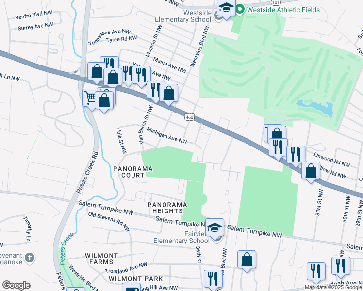 map of restaurants, bars, coffee shops, grocery stores, and more near 3815 Michigan Avenue Northwest in Roanoke