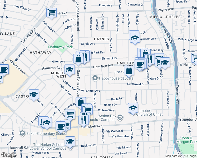 map of restaurants, bars, coffee shops, grocery stores, and more near 4077 Alberstone Drive in San Jose