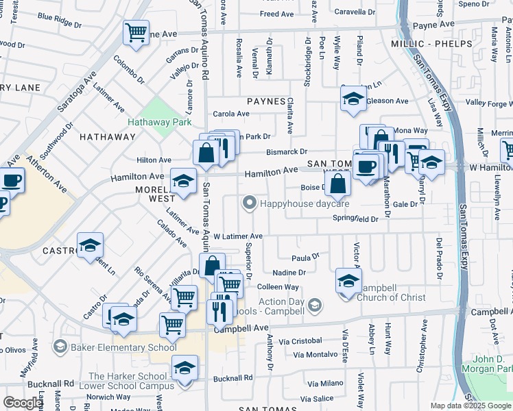 map of restaurants, bars, coffee shops, grocery stores, and more near 4077 Alberstone Drive in San Jose