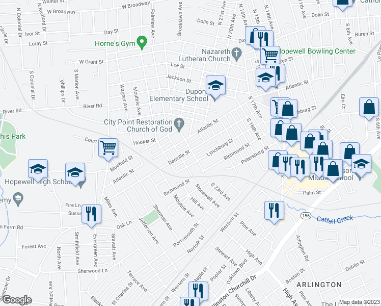 map of restaurants, bars, coffee shops, grocery stores, and more near 2312 Danville Street in Hopewell