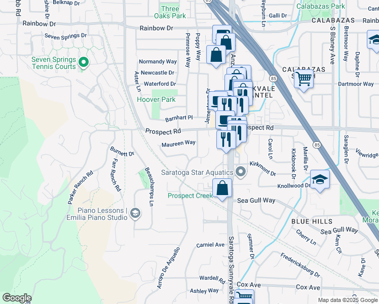 map of restaurants, bars, coffee shops, grocery stores, and more near 20717 Meadow Oak Road in Saratoga