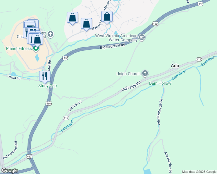 map of restaurants, bars, coffee shops, grocery stores, and more near Country Girl Road in Bluefield
