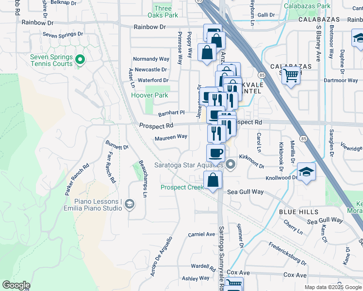 map of restaurants, bars, coffee shops, grocery stores, and more near 20717 Meadow Oak Road in Saratoga