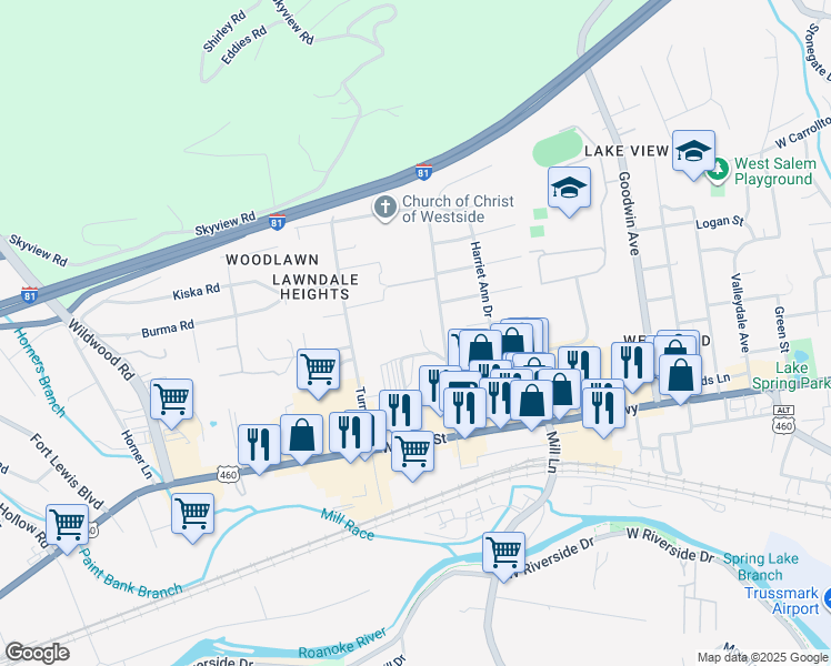map of restaurants, bars, coffee shops, grocery stores, and more near 1621 Longview Avenue in Salem