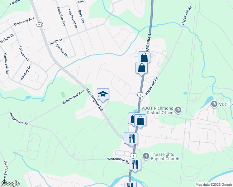 map of restaurants, bars, coffee shops, grocery stores, and more near 2727 Amherst Ridge Loop in Colonial Heights