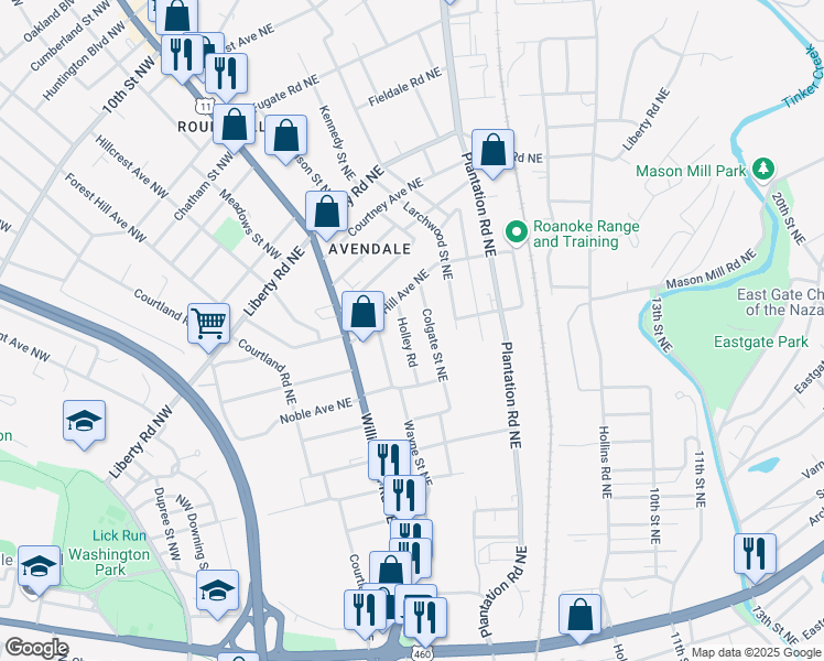 map of restaurants, bars, coffee shops, grocery stores, and more near 2113 Holley Road Northeast in Roanoke