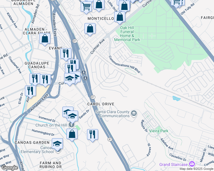 map of restaurants, bars, coffee shops, grocery stores, and more near 375 Mill Pond Drive in San Jose