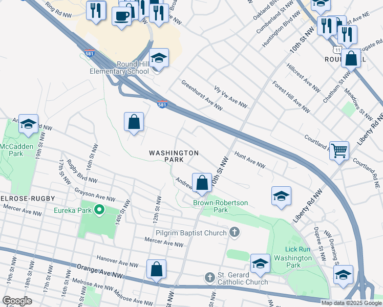 map of restaurants, bars, coffee shops, grocery stores, and more near 1722 11th Street Northwest in Roanoke