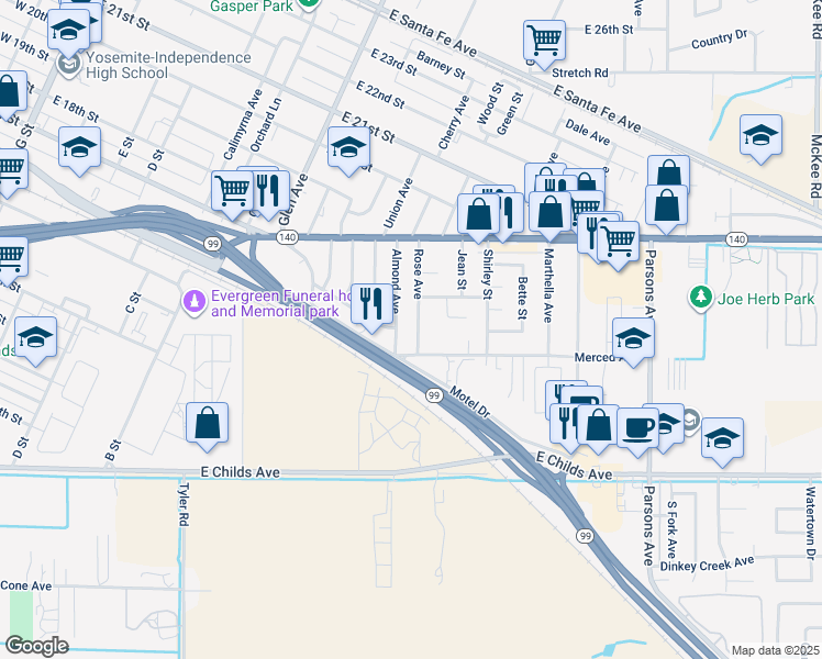 map of restaurants, bars, coffee shops, grocery stores, and more near 1625 Rose Avenue in Merced