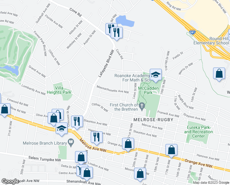 map of restaurants, bars, coffee shops, grocery stores, and more near 2318 Massachusetts Avenue Northwest in Roanoke