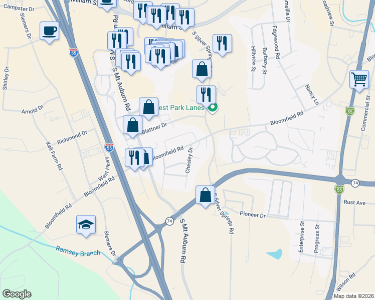 map of restaurants, bars, coffee shops, grocery stores, and more near 3105 Park Place Drive in Cape Girardeau