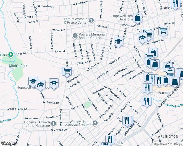 map of restaurants, bars, coffee shops, grocery stores, and more near 2501 Atlantic Street in Hopewell
