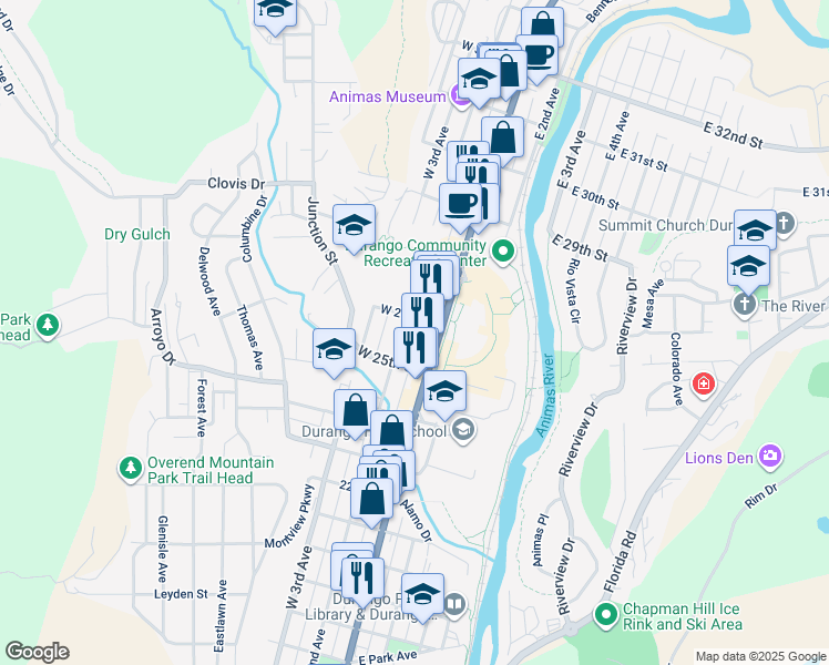 map of restaurants, bars, coffee shops, grocery stores, and more near 2611 West 2nd Avenue in Durango
