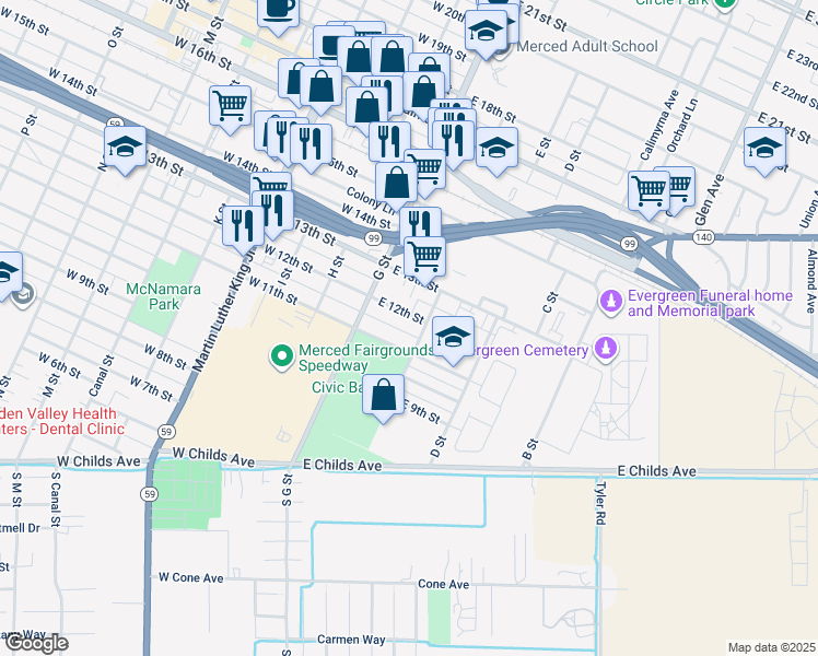 map of restaurants, bars, coffee shops, grocery stores, and more near 117 East 12th Street in Merced