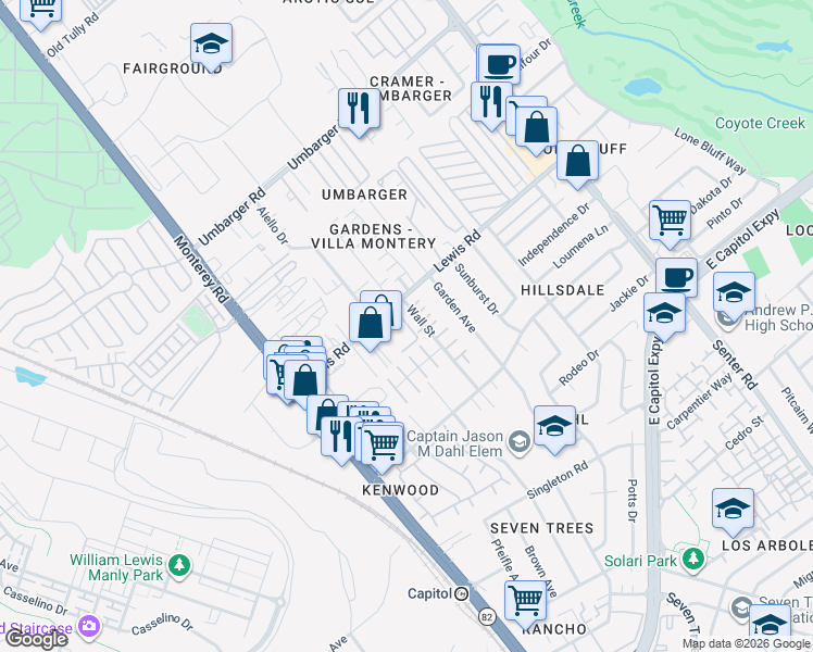 map of restaurants, bars, coffee shops, grocery stores, and more near 240 Wall Street in San Jose