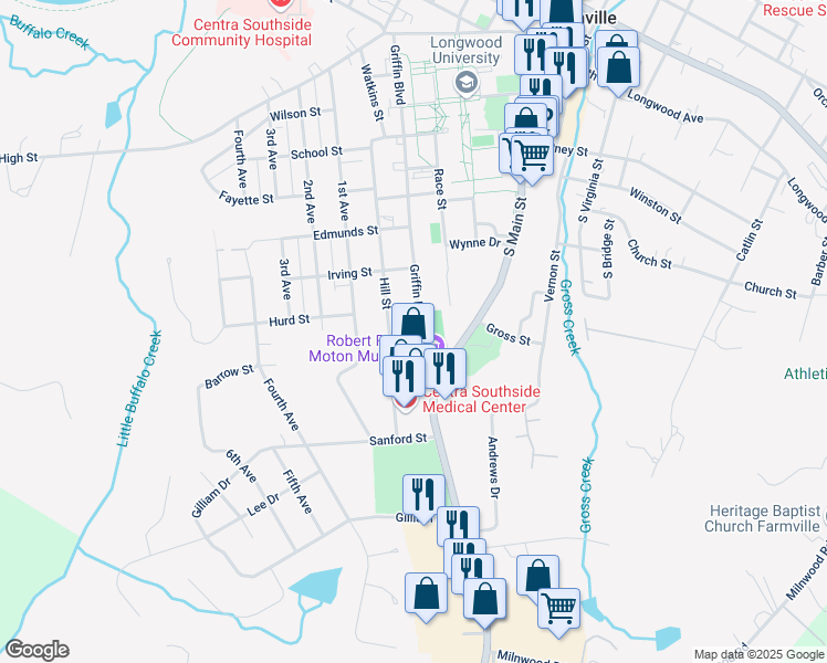 map of restaurants, bars, coffee shops, grocery stores, and more near 808 Hill Street in Farmville