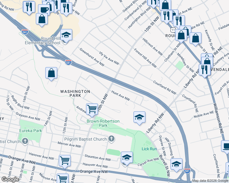 map of restaurants, bars, coffee shops, grocery stores, and more near 800-998 Levelton Ave NW in Roanoke