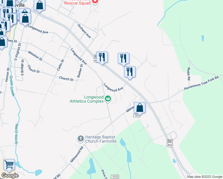 map of restaurants, bars, coffee shops, grocery stores, and more near 1310 Longwood Avenue in Farmville