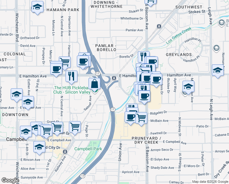 map of restaurants, bars, coffee shops, grocery stores, and more near 675 Creekside Way in Campbell