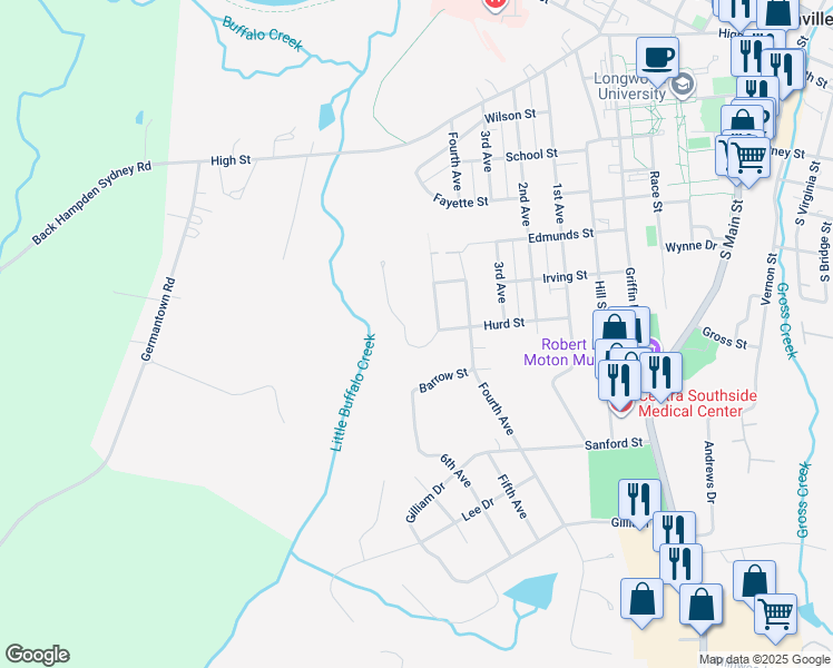 map of restaurants, bars, coffee shops, grocery stores, and more near 802 West 3rd Street in Farmville