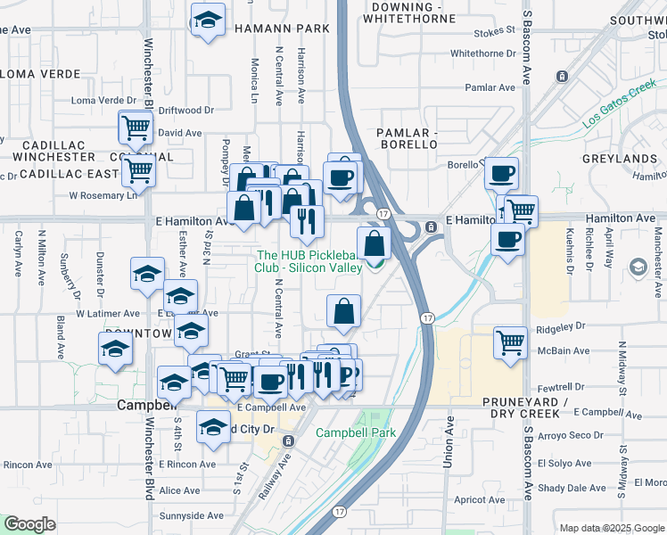 map of restaurants, bars, coffee shops, grocery stores, and more near 1 in Campbell