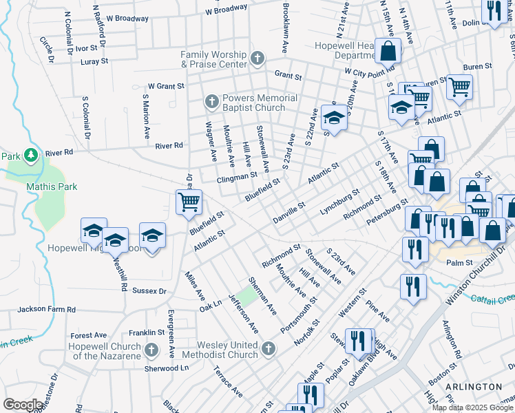 map of restaurants, bars, coffee shops, grocery stores, and more near 2501 Atlantic Street in Hopewell