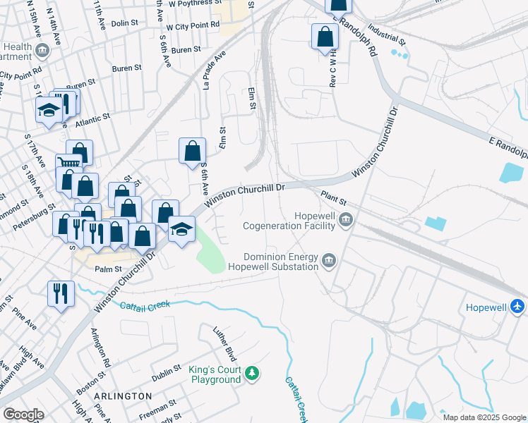 map of restaurants, bars, coffee shops, grocery stores, and more near 1307 South 1st Avenue in Hopewell