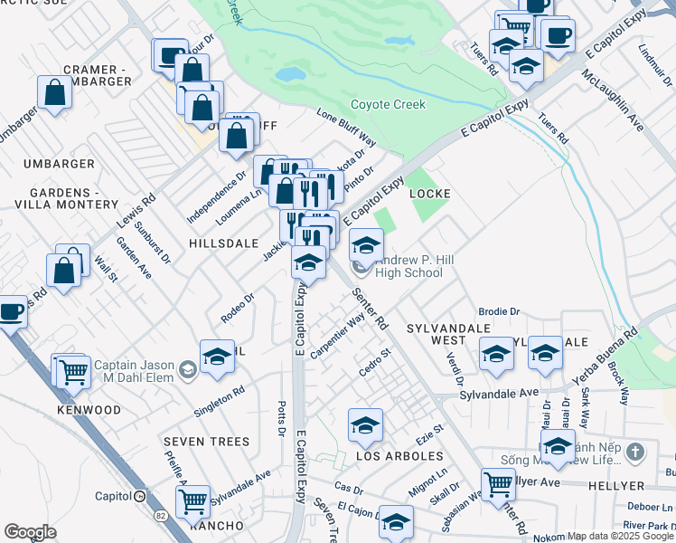 map of restaurants, bars, coffee shops, grocery stores, and more near 3175 Senter Road in San Jose