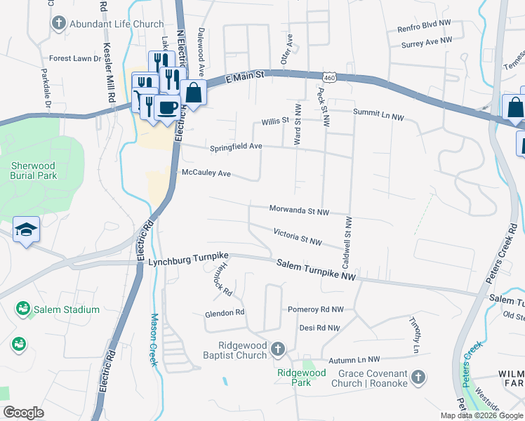map of restaurants, bars, coffee shops, grocery stores, and more near 5237 Morwanda Avenue Northwest in Roanoke