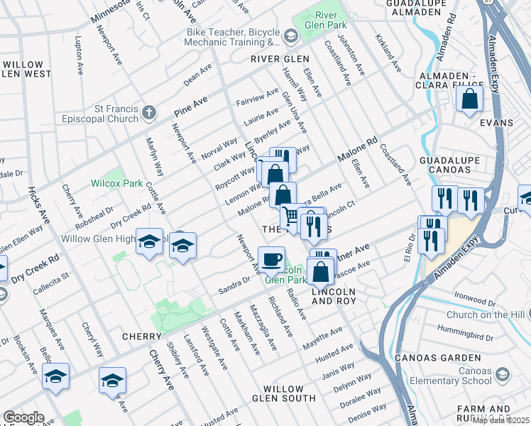 map of restaurants, bars, coffee shops, grocery stores, and more near 1135 Malone Road in San Jose