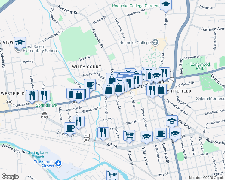 map of restaurants, bars, coffee shops, grocery stores, and more near 20 Academy Street in Salem