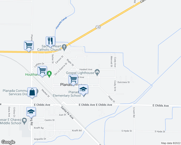 map of restaurants, bars, coffee shops, grocery stores, and more near 9573 Haskell Avenue in Planada