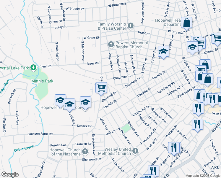 map of restaurants, bars, coffee shops, grocery stores, and more near 321 Hoke Avenue in Hopewell