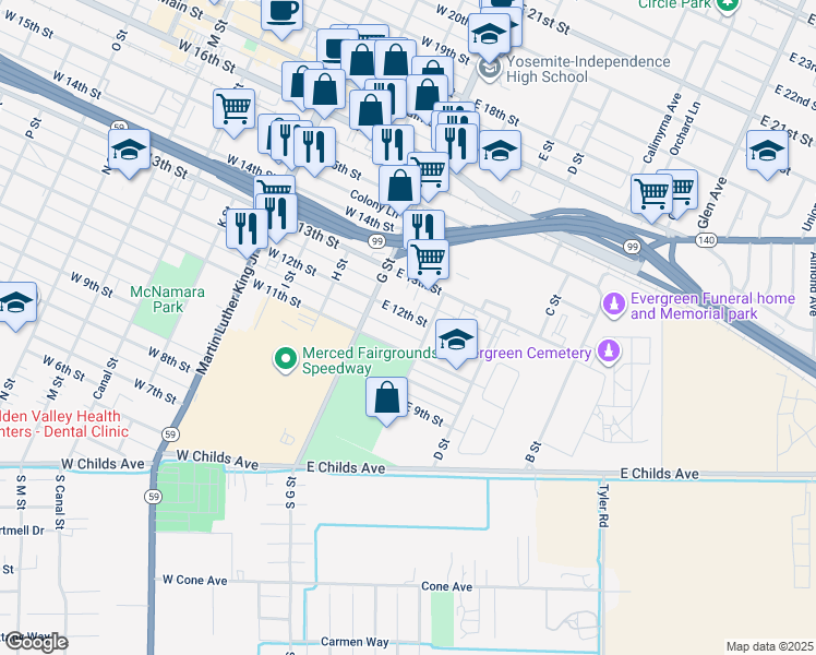 map of restaurants, bars, coffee shops, grocery stores, and more near 117 East 12th Street in Merced