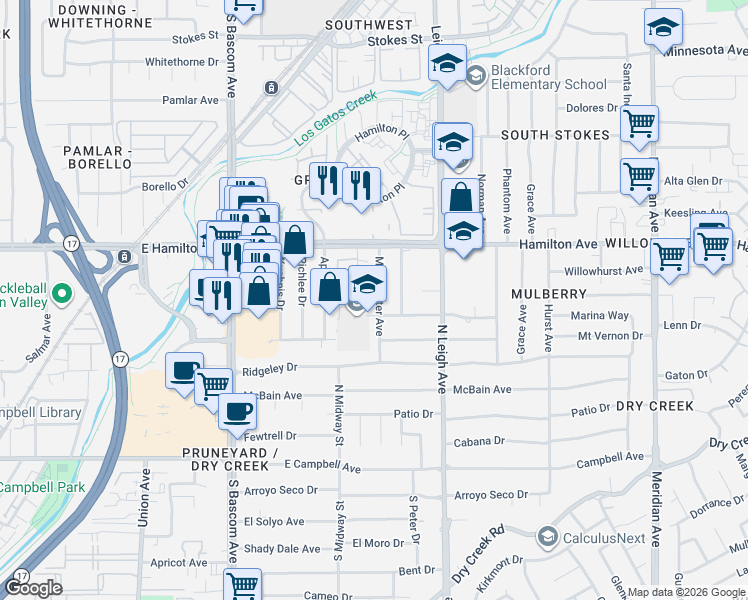 map of restaurants, bars, coffee shops, grocery stores, and more near 421 Manchester Avenue in Campbell